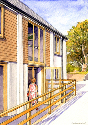 Visual showing exterior detail of proposed rebuilding of Long Barn at the Sheldon Centre, Devon
