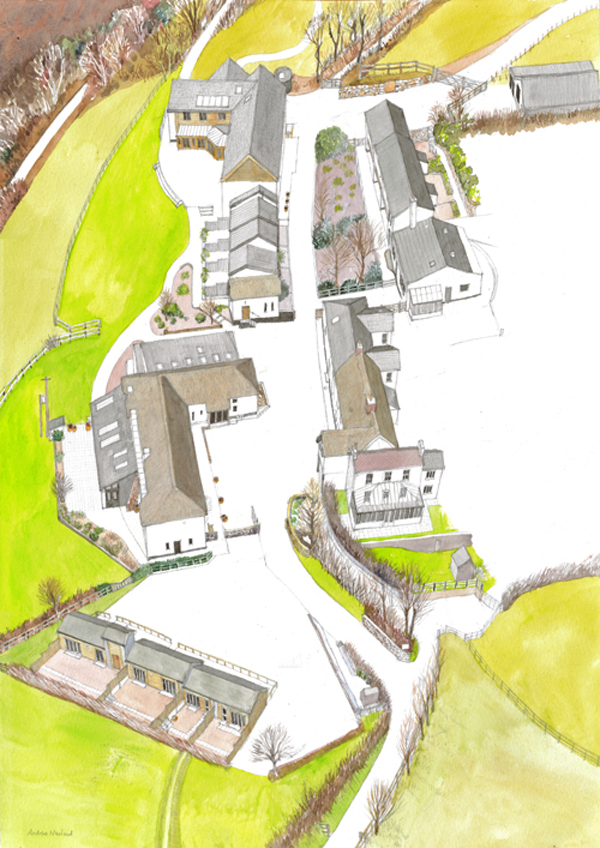 Visual showing all buildings as reconstructed at the Sheldon Centre, Devon